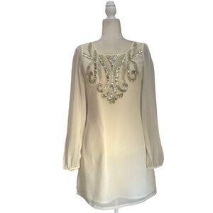 Lipsy London NWT Chiffon Dress White Cream Long Sleeves Beaded Embellished